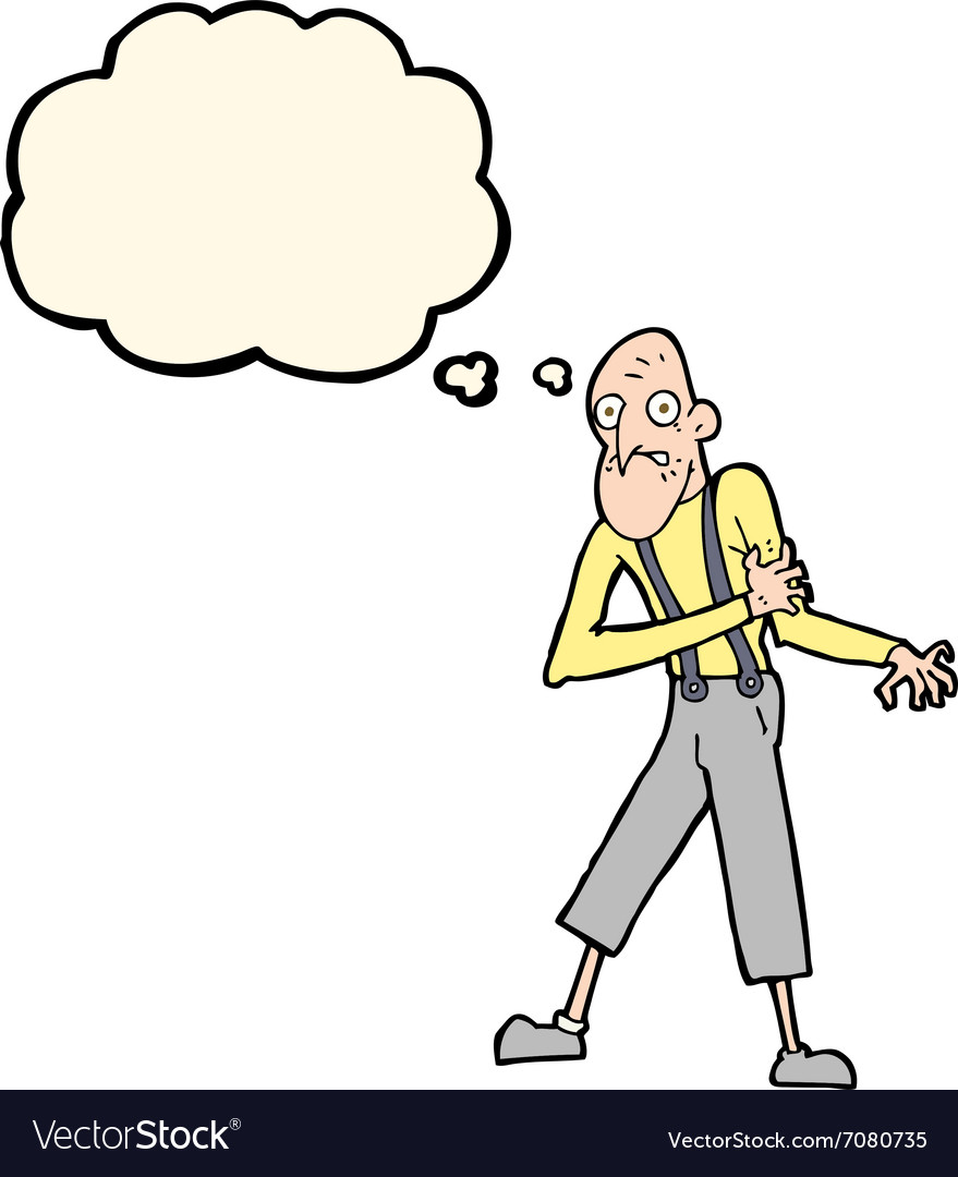 Cartoon old man having heart attack with thought