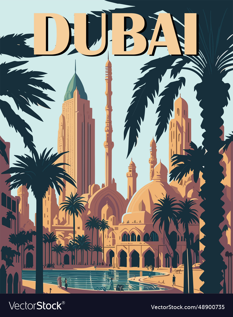 Dubai Travel Destination Poster In Retro Style Vector Image