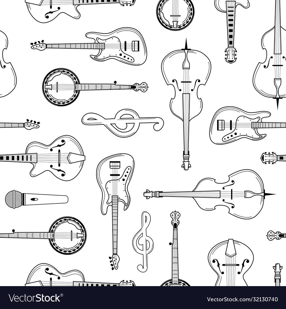 Musical instruments hand drawn outline seamless