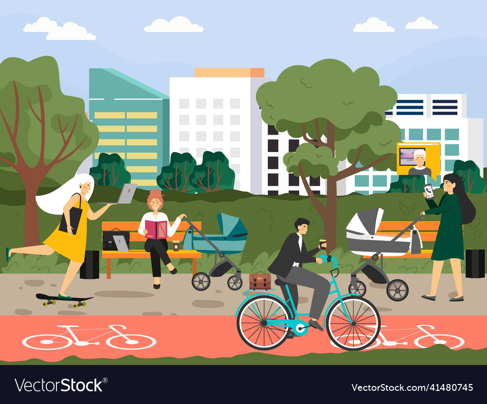 Busy people taking rest and working in the park Vector Image