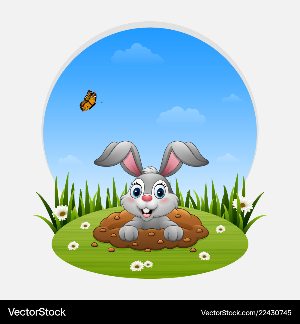Cartoon rabbit come out hole on grass Royalty Free Vector