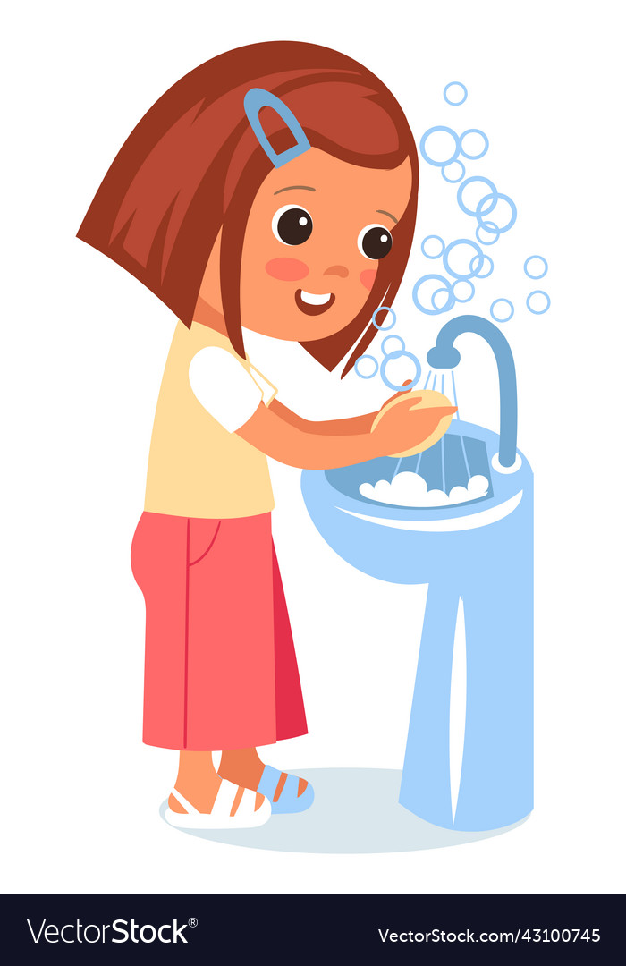 Child washing hand in sink with soap bubbles Vector Image