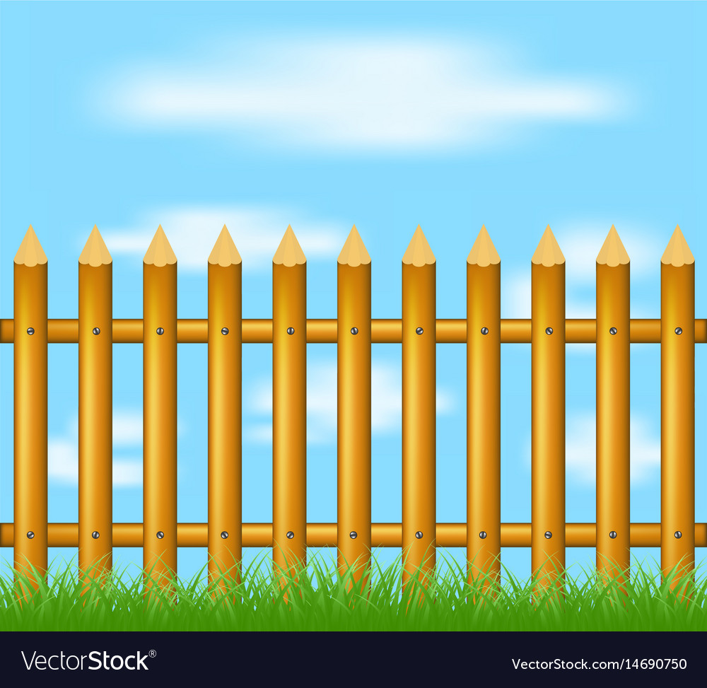 Wooden fence standing in grass and blue sky Vector Image