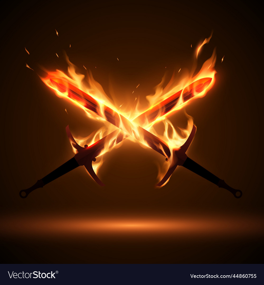 Crossed swords in fire flames Royalty Free Vector Image