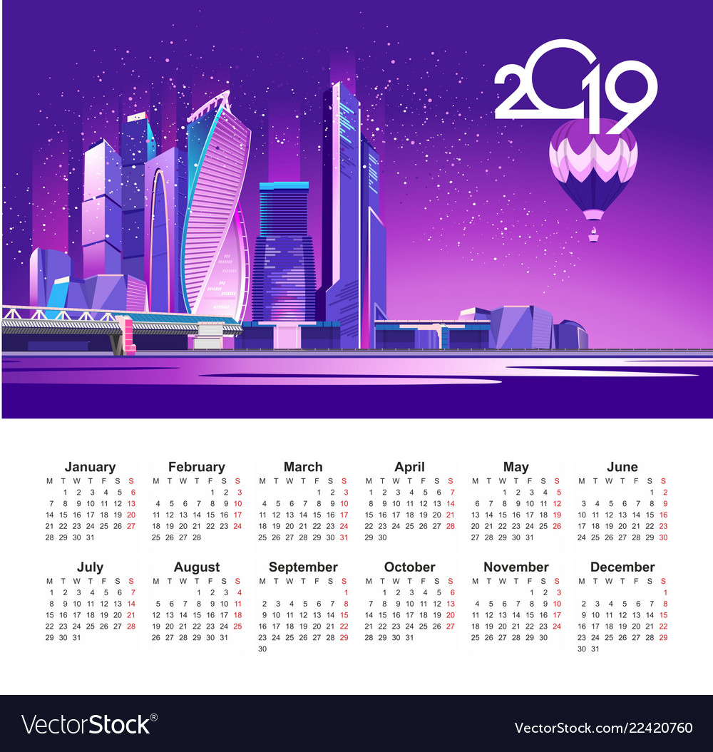 2019 moscow city calendar Royalty Free Vector Image