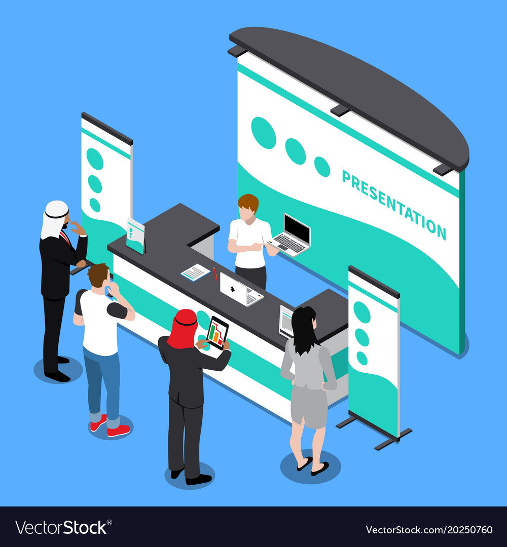 Promotion stand isometric composition Royalty Free Vector