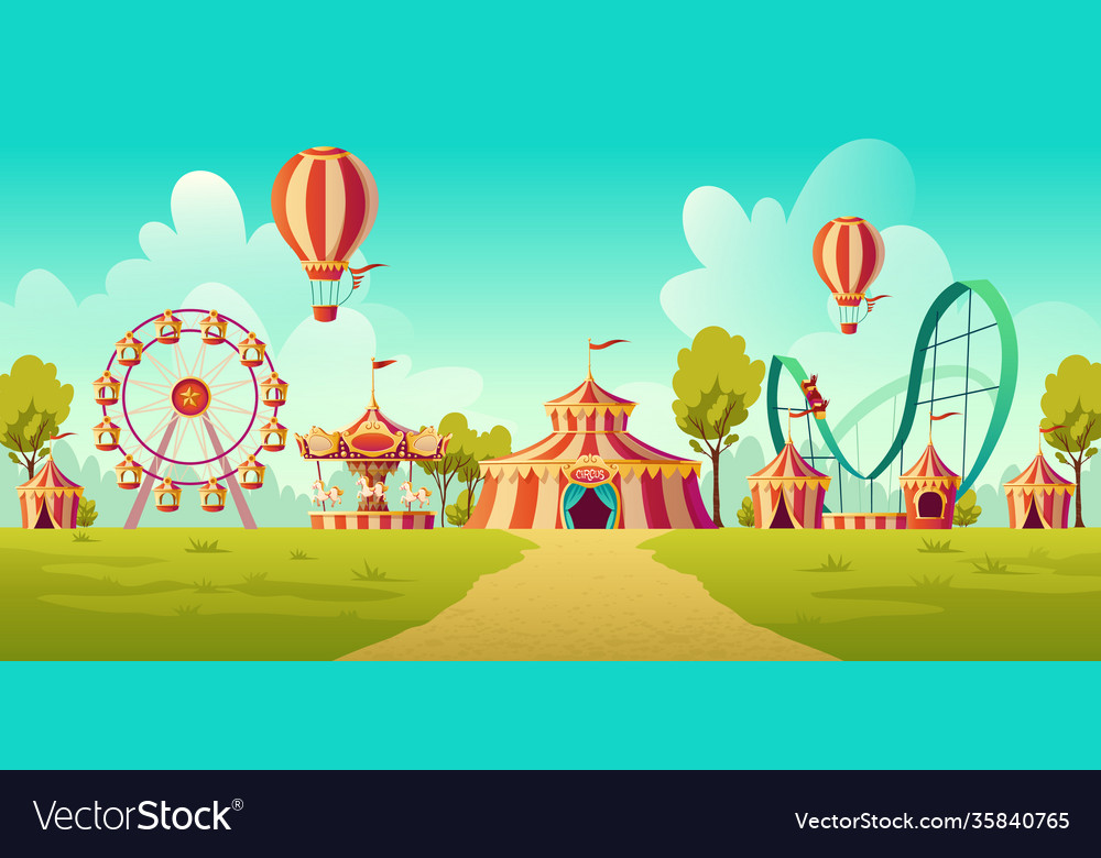 Amusement Park With Circus Tent And Carousel Vector Image