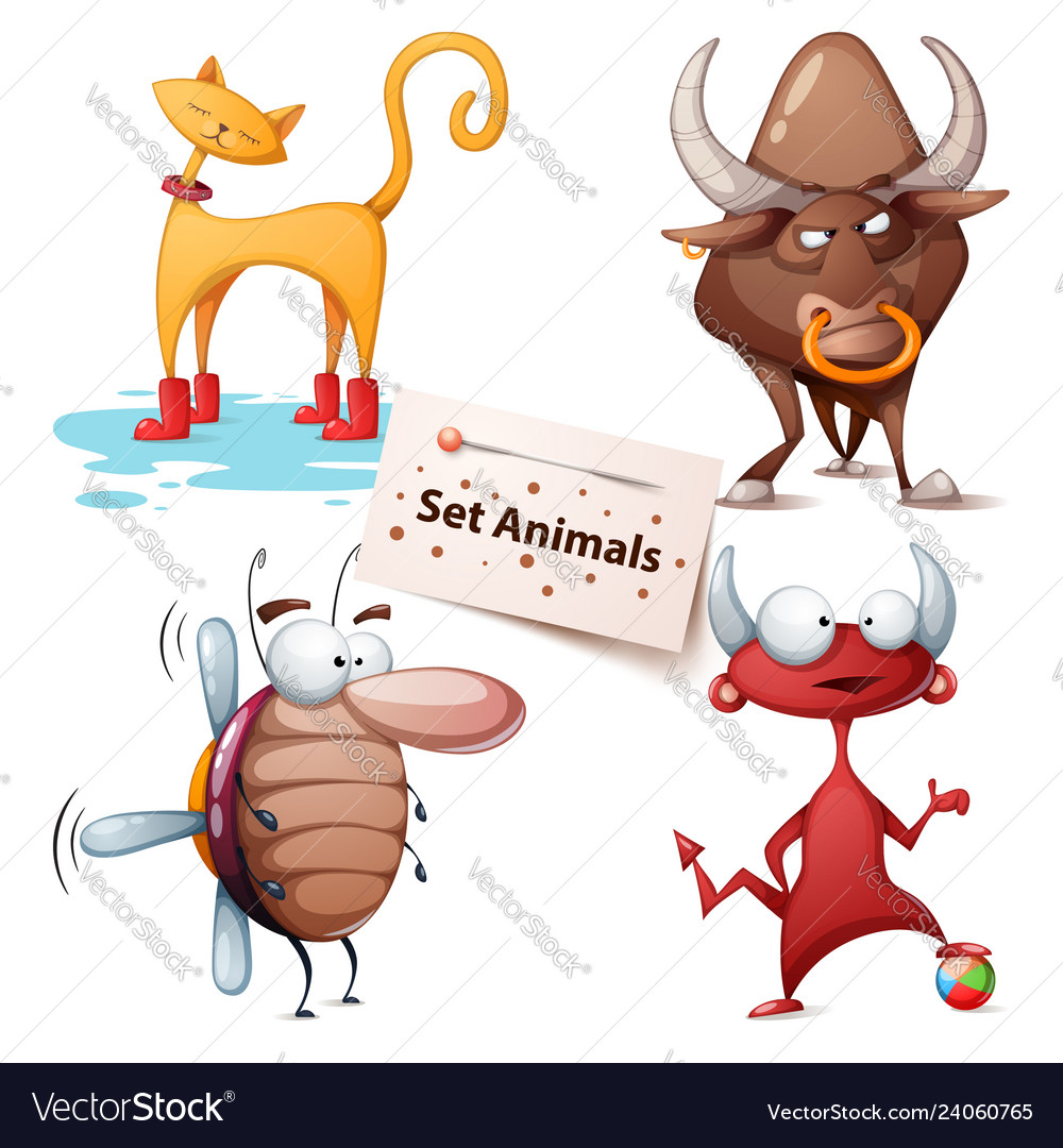 Cat bull cockroach devil - set animals Royalty Free Vector