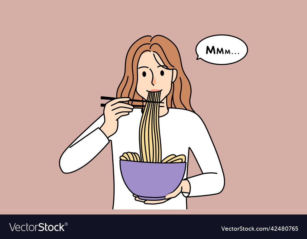 Smiling Woman Eat Noodles With Chopsticks Vector Image smiling-woman-eat-noodles-with-chopsticks-vector-image