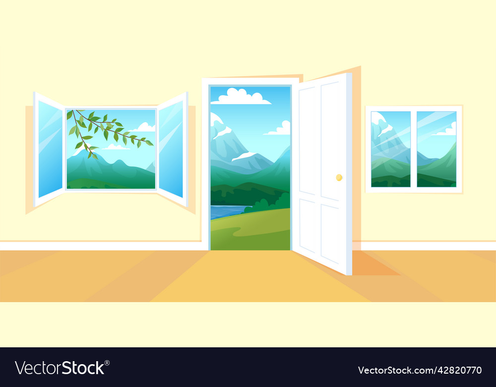 Open home window and door nature view through Vector Image