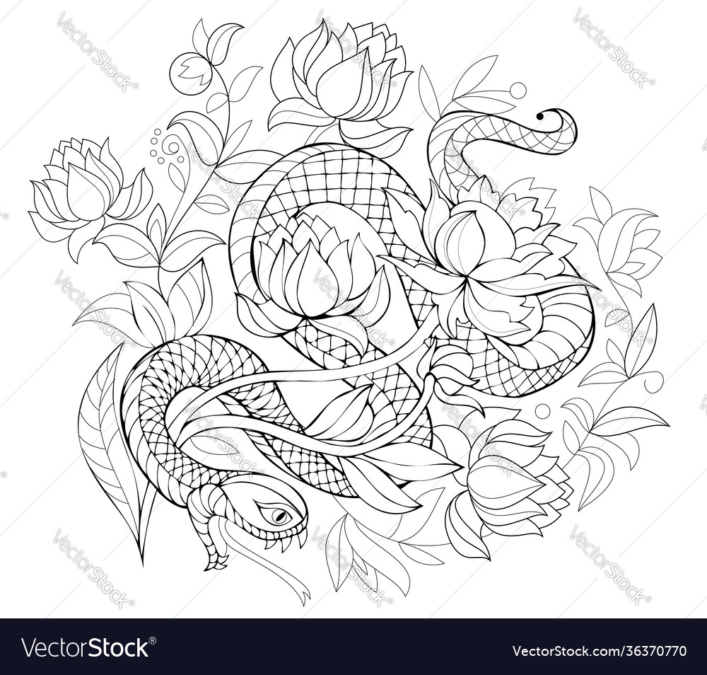 Stylized snake in jungle black and white page Vector Image