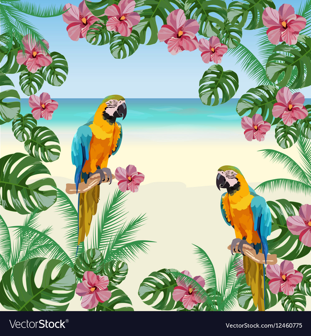 Exotic tropical card with parrot birds and flowers