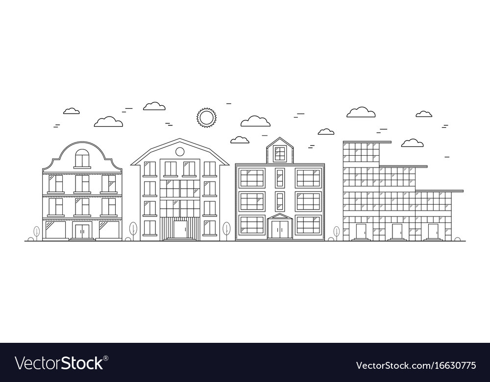 Linear buildings on street Royalty Free Vector Image