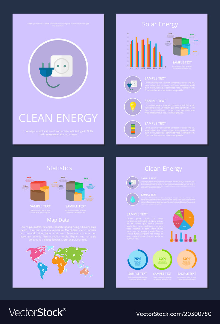 Four clean solar energy statistics map data cards Vector Image