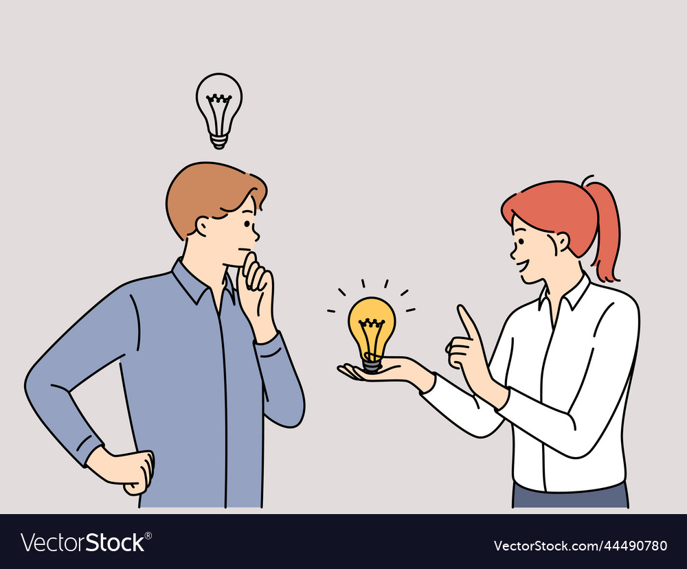 Smiling woman with lightbulb help male with idea Vector Image