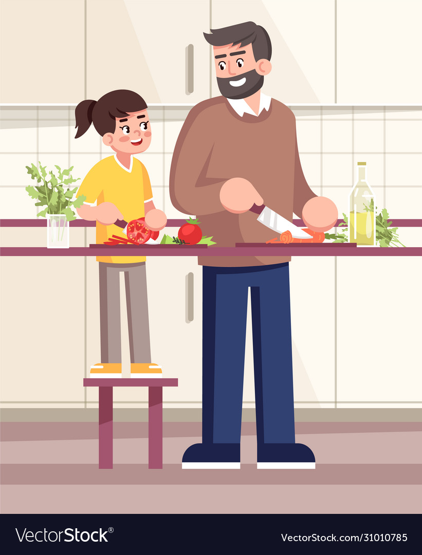 Father and daughter cutting vegetables together Vector Image