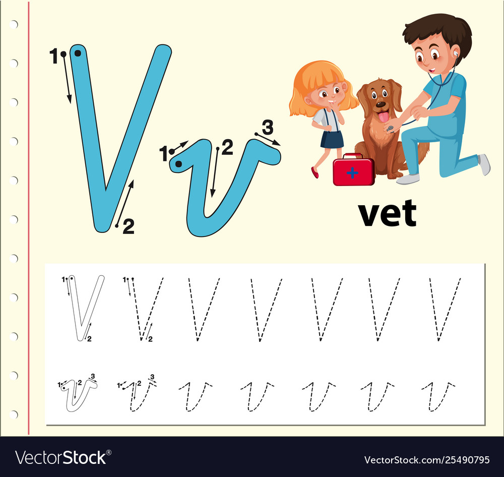 letter v tracing alphabet worksheets royalty free vector