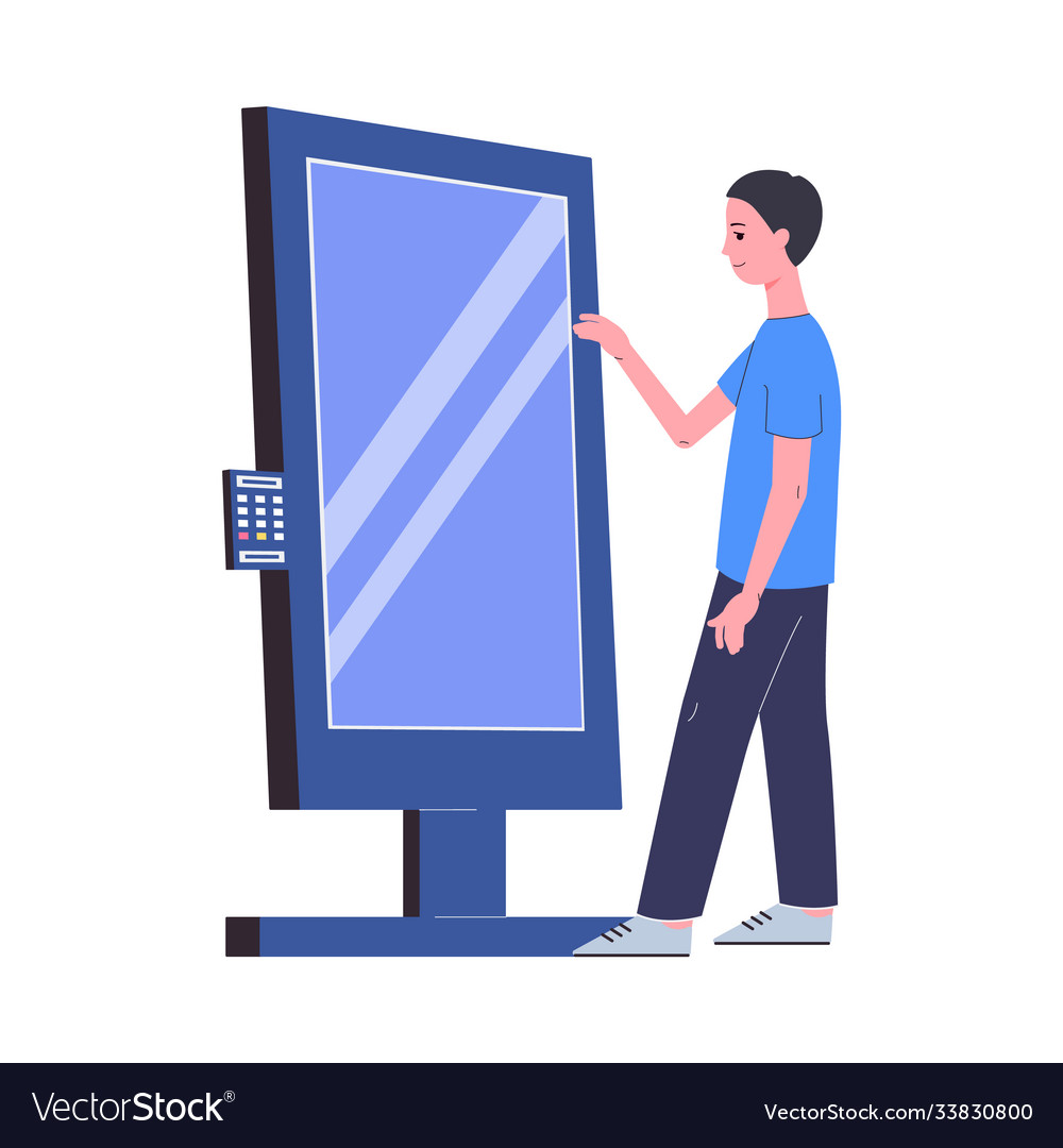 Man using interactive kiosk stand with display Vector Image
