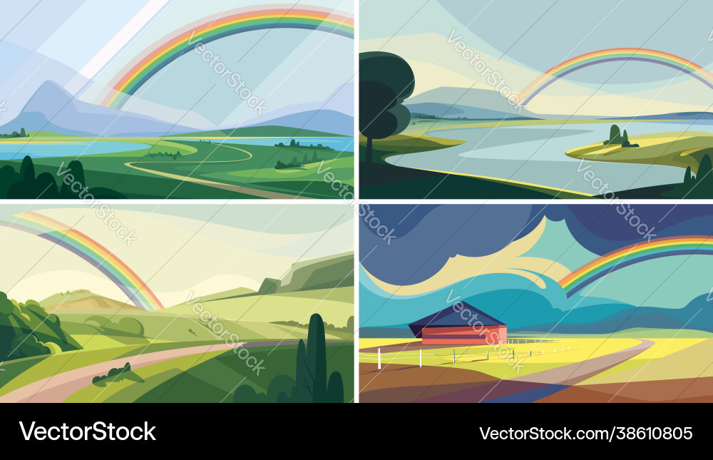 Collection landscapes with rainbow Royalty Free Vector Image