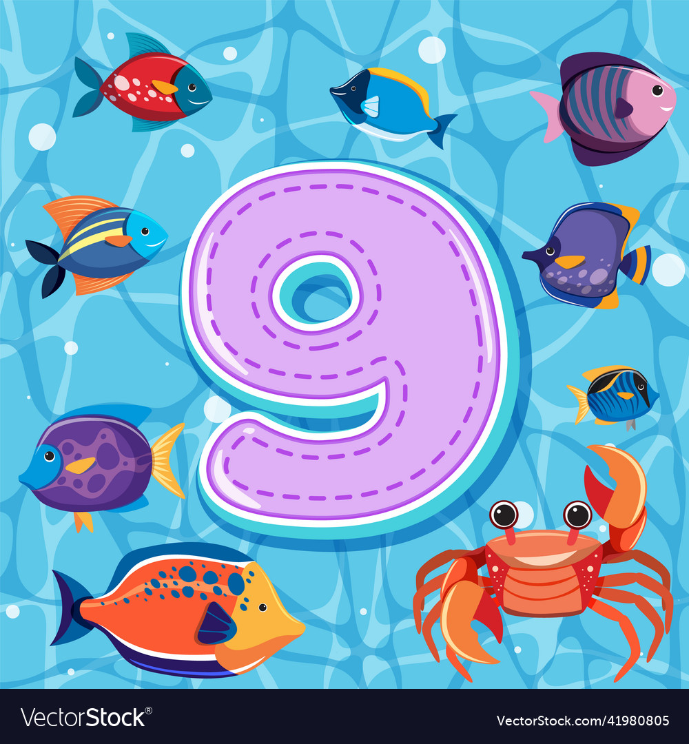 Number nine with sea animals Royalty Free Vector Image