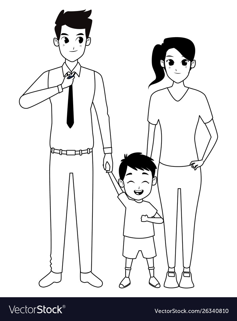 Family Parents And Children Cartoons In Black Vector Image