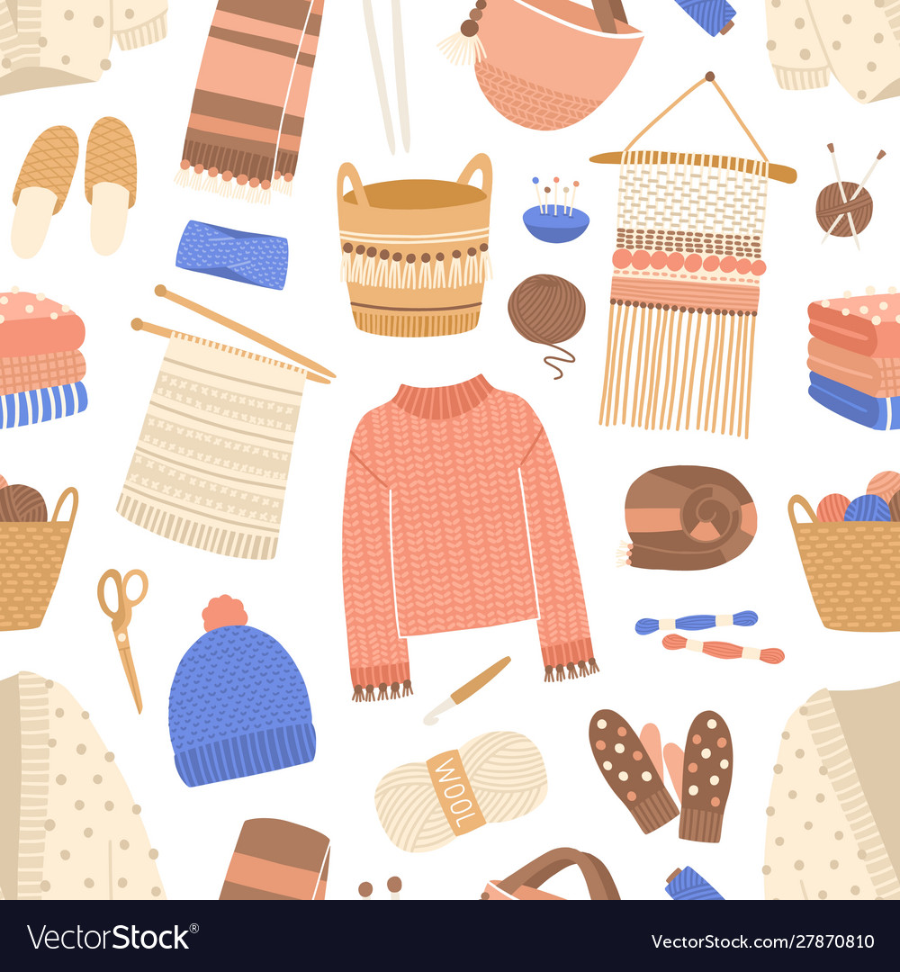 Knitted items flat seamless pattern Royalty Free Vector