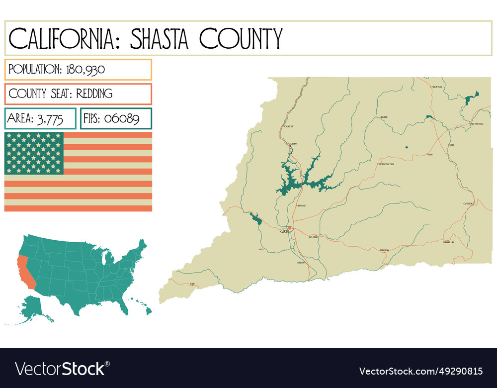 Large and detailed map of shasta county Royalty Free Vector