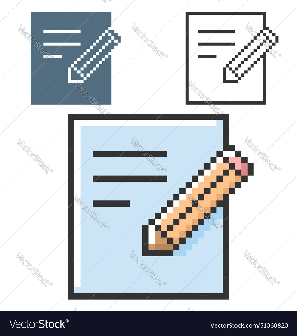 Pixel icon document and pencil in three