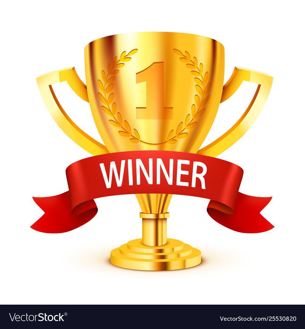 Realistic golden trophy with winner ribbon Vector Image