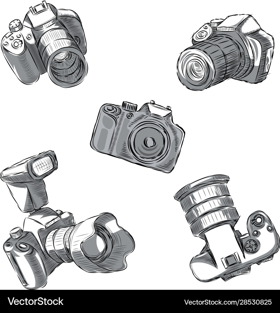 A set slr cameras in different positions are Vector Image