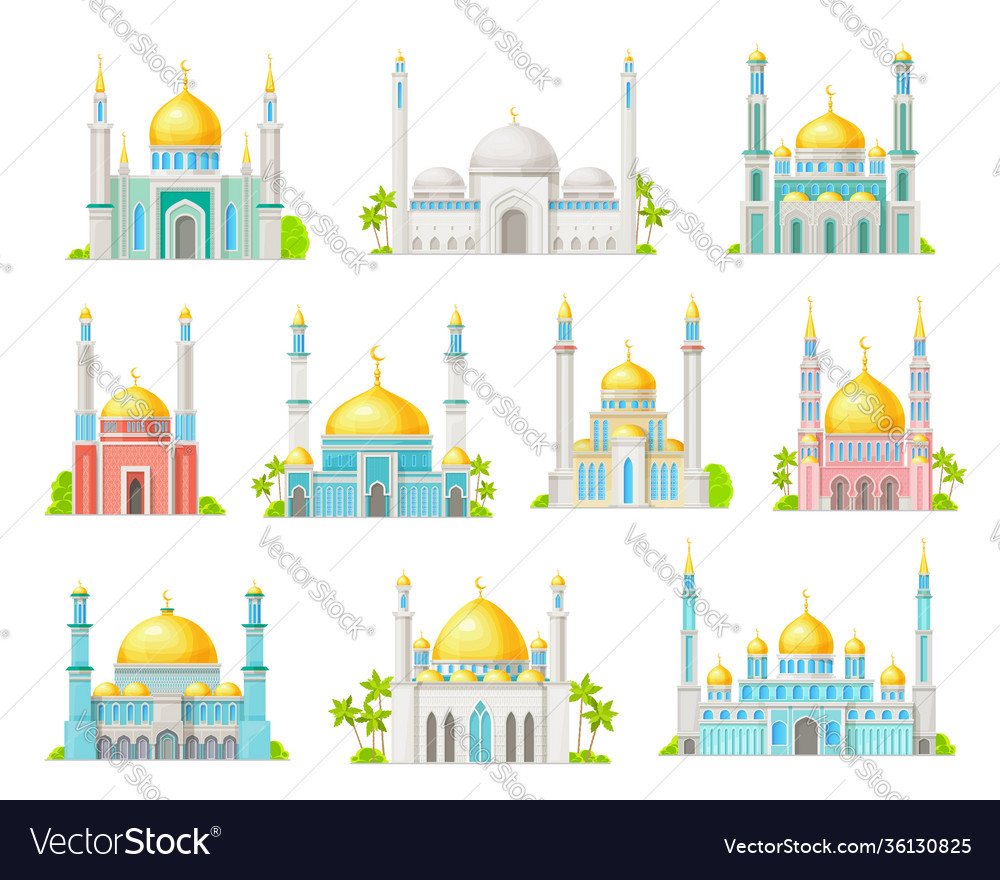 Muslim mosque building icons islam religion vector image Muslim mosque building icons islam religion