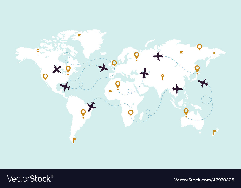 World map plane tracks aviation track path Vector Image