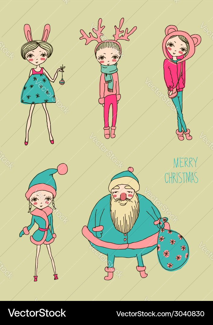 Christmas funny girls set Royalty Free Vector Image