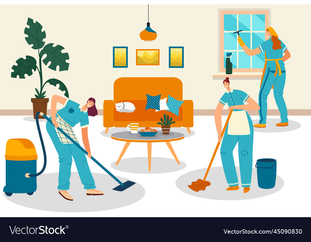 Cleaning service people smiling women cartoon Vector Image