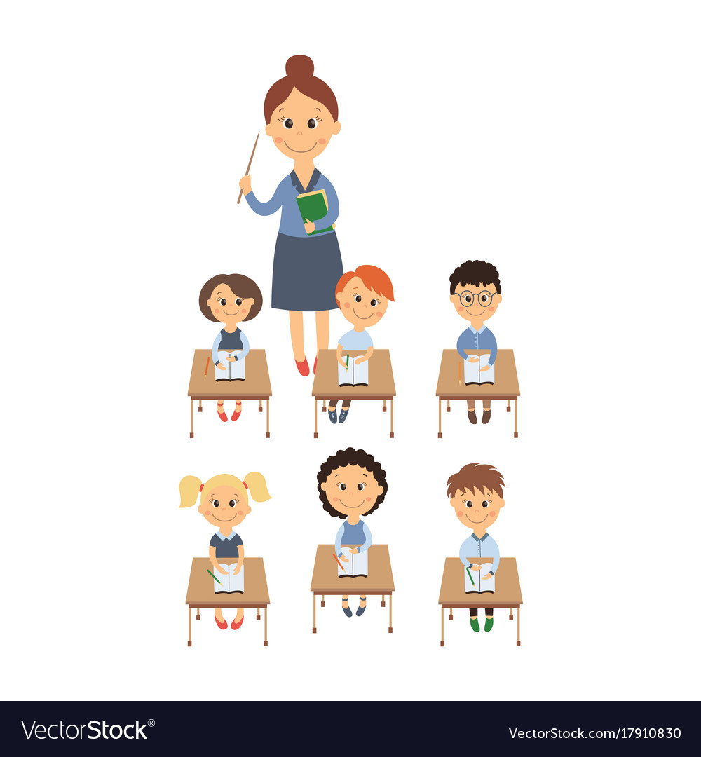 Flat children sitting at desk teacher set Vector Image