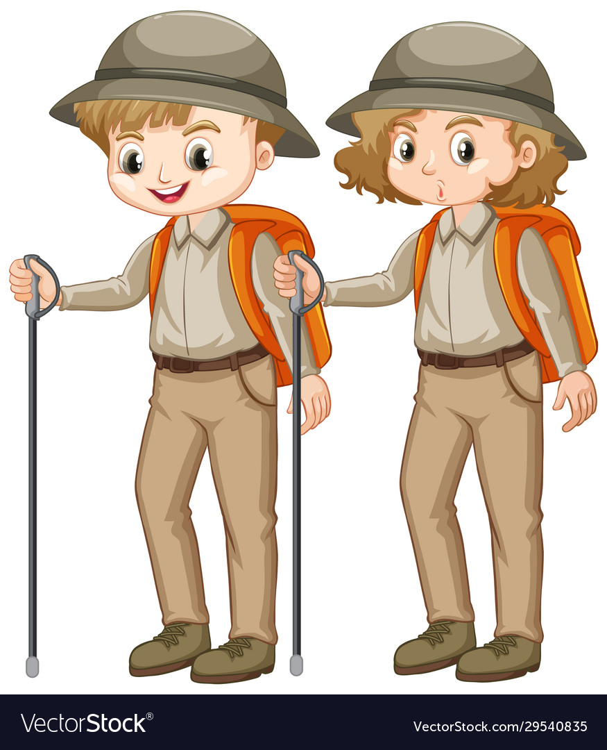 Boy and girl in scout uniform with walking stick Vector Image