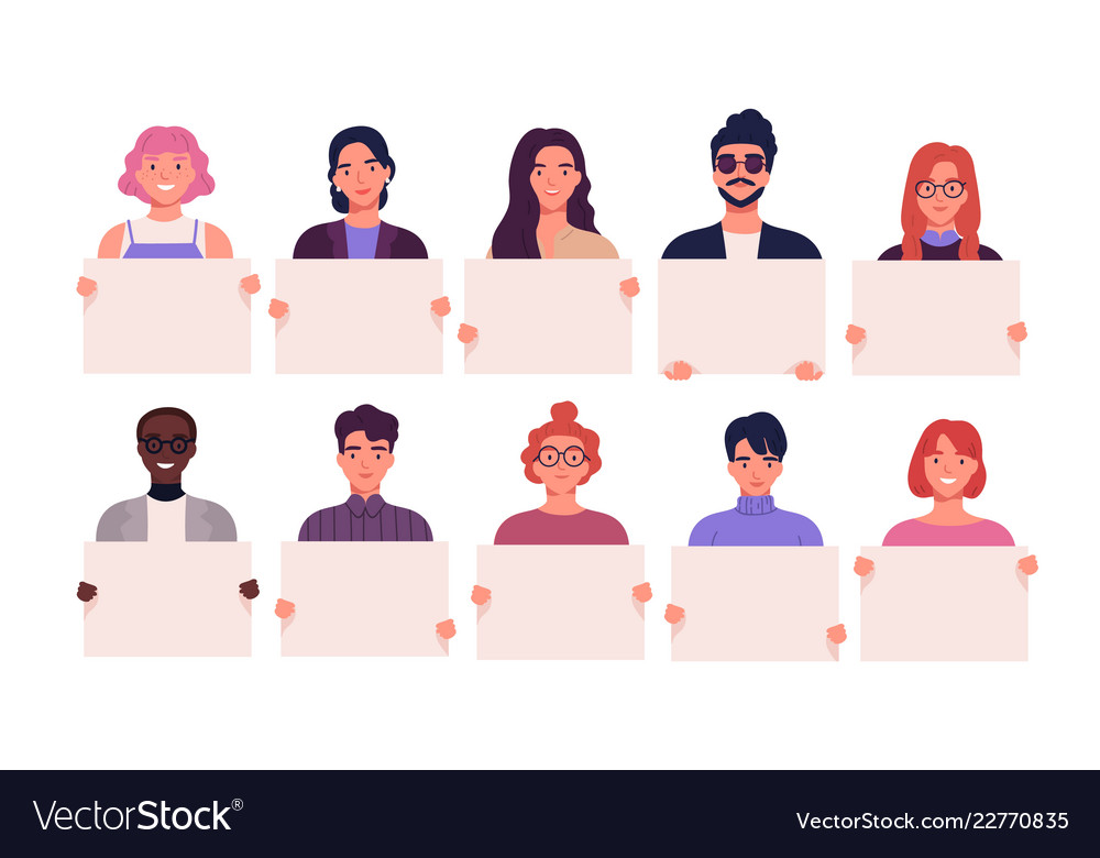 Collection smiling young men and women holding Vector Image