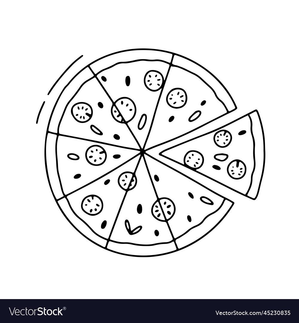 Pizza with slice cut out doodle outline Royalty Free Vector