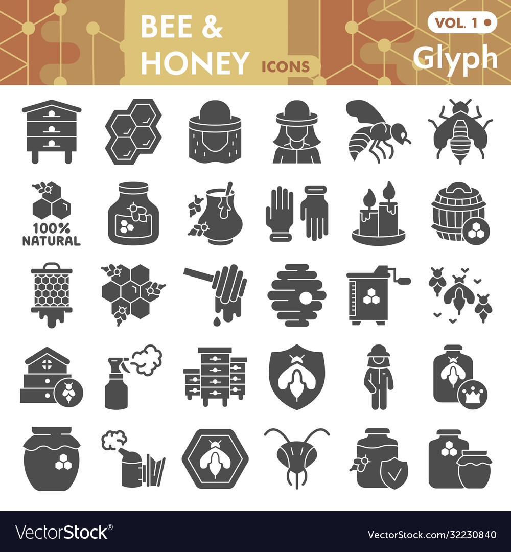 Bee And Honey Solid Icon Set Beekeeping Symbols Vector Image