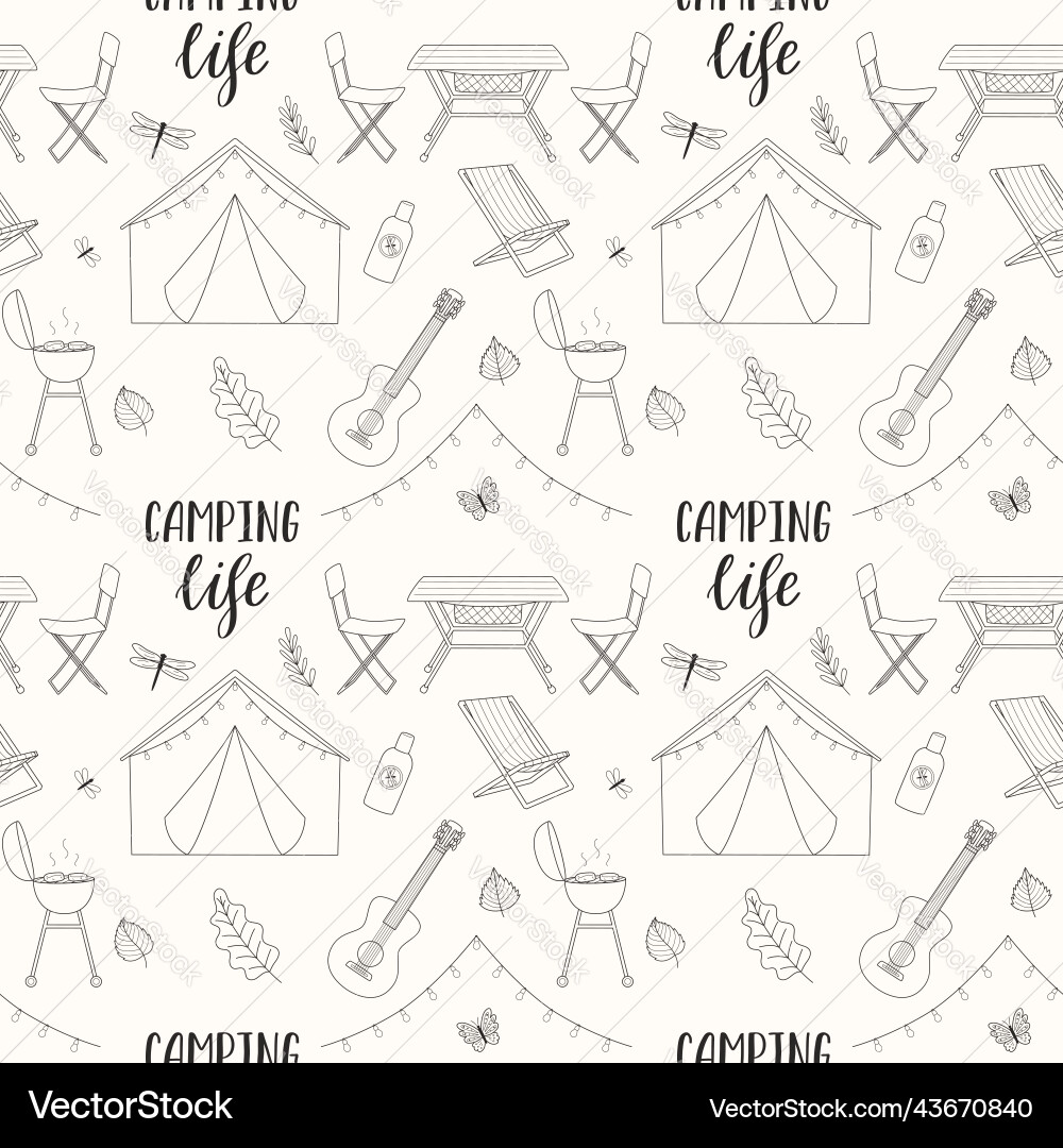 Camping seamless pattern travel equipment Vector Image