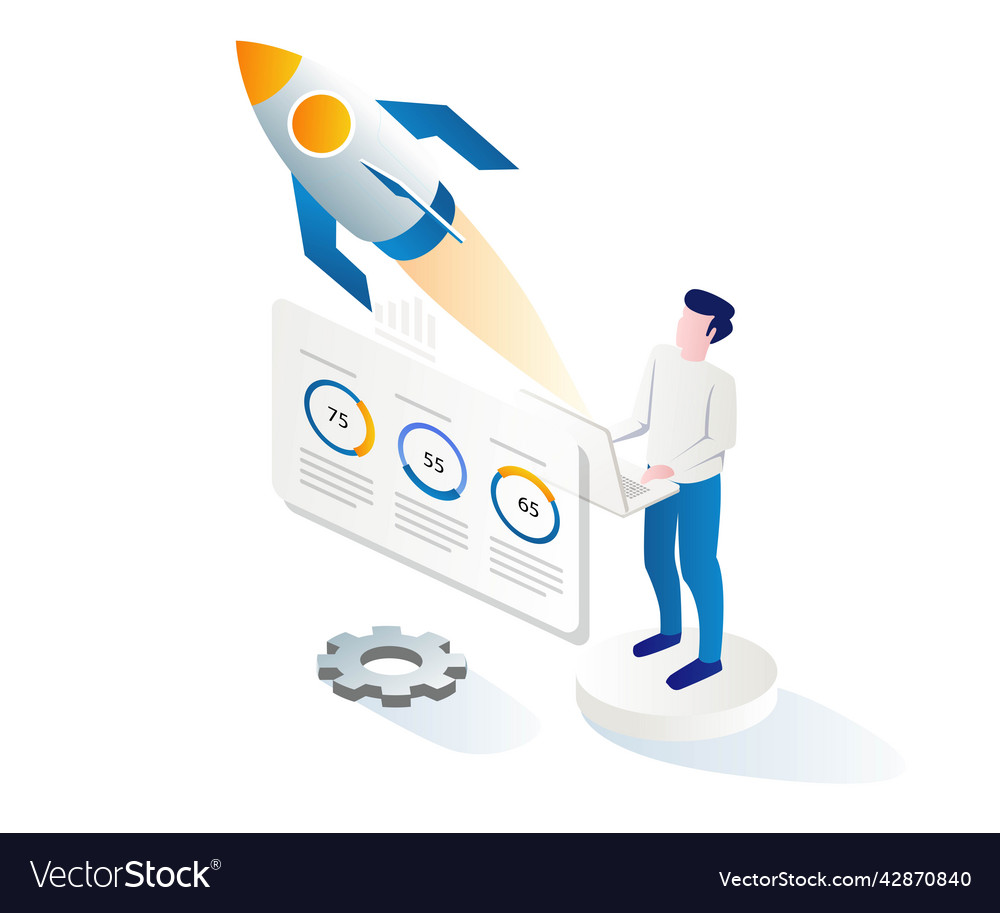 Man controlling rocket with data analyst Vector Image