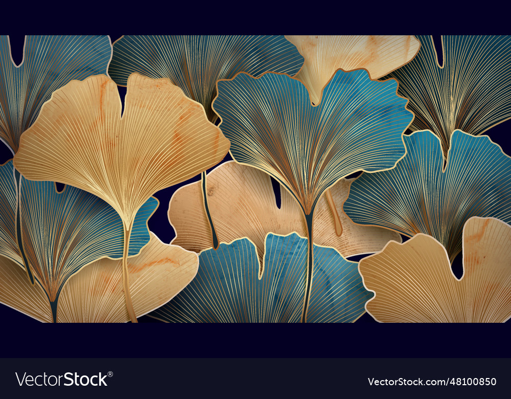 Art background with blue and gold ginkgo leaves Vector Image