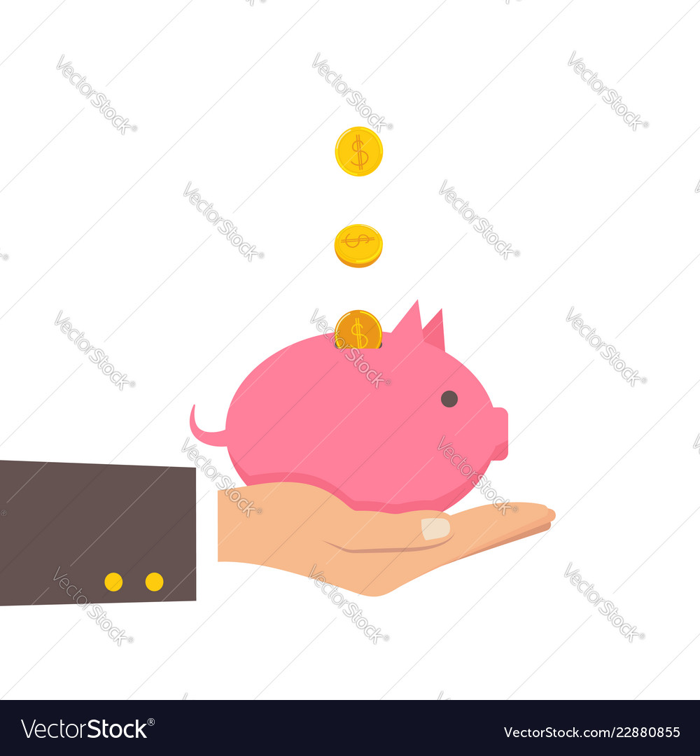 Coin depositing in a money piggy bank on human