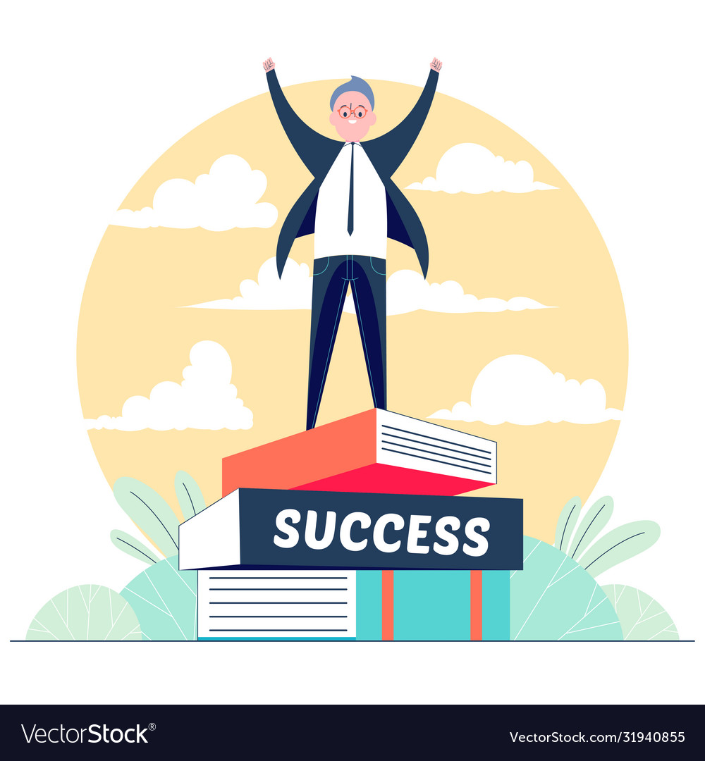 Happy man successfully stand on books Royalty Free Vector