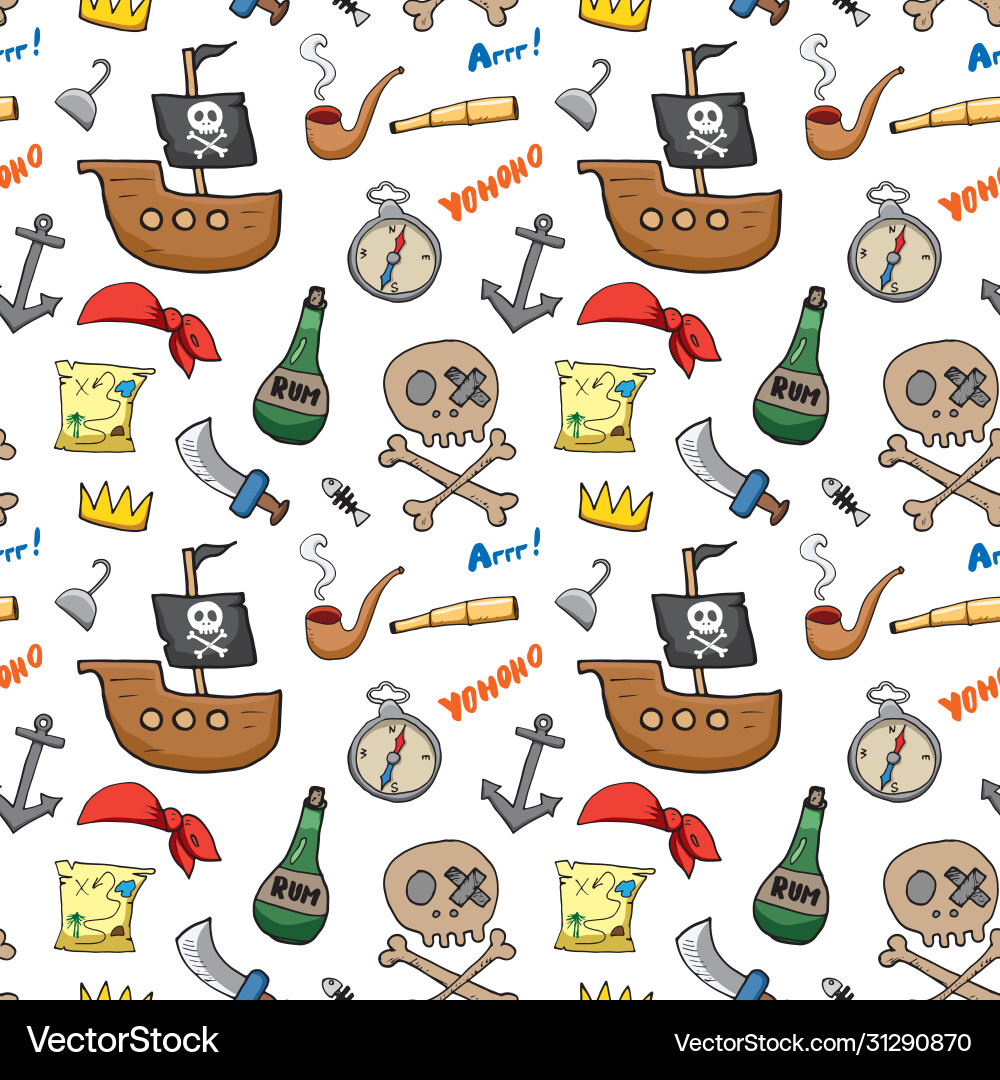 Pirate doodles seamless pattern cute items Vector Image