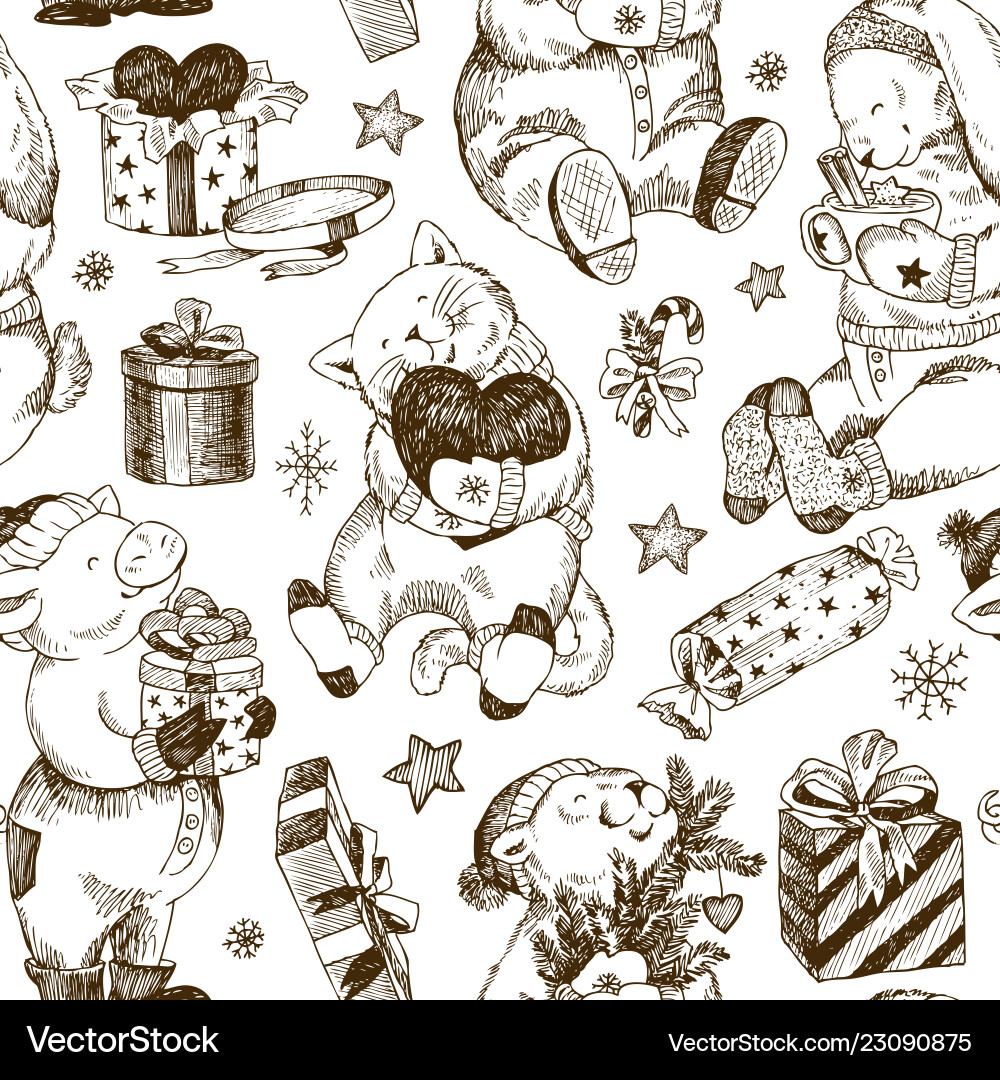 Christmas seamless pattern bear rabbit kitten Vector Image