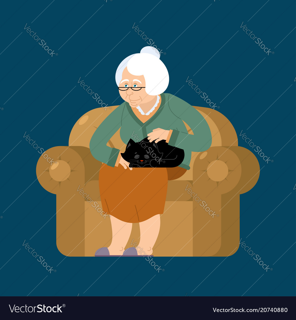 Grandmother and cat sitting on chair granny cat Vector Image