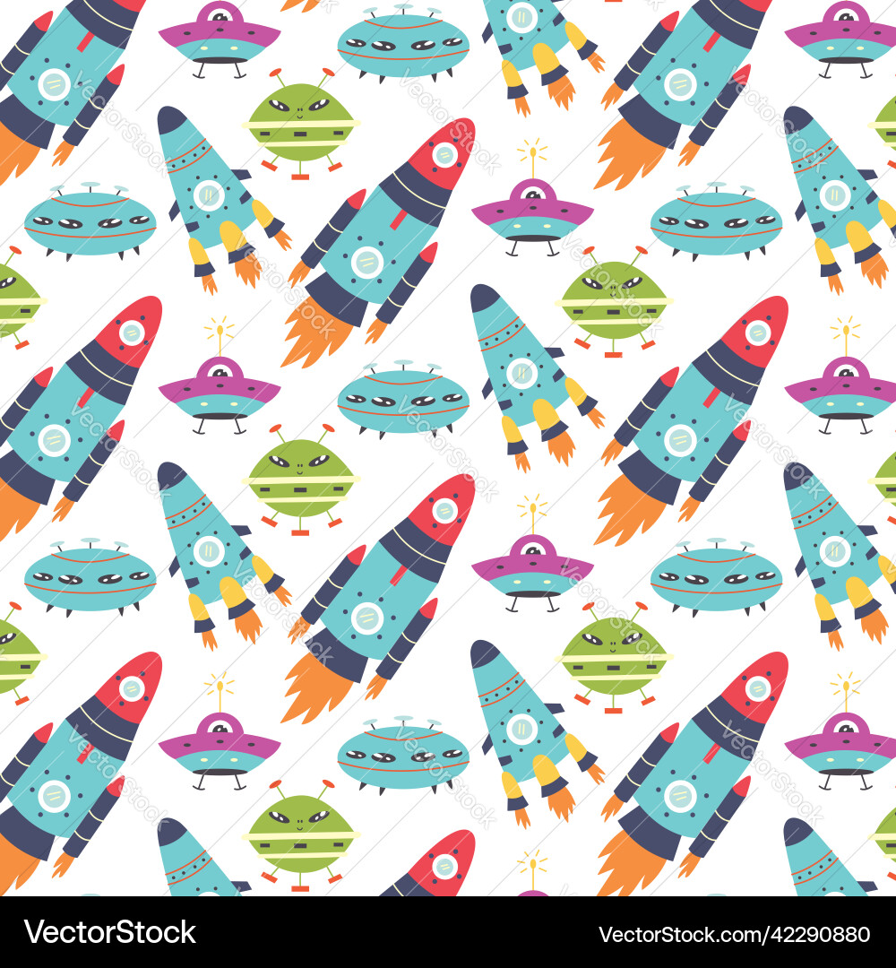 Seamless pattern with rockets and alien ships Vector Image