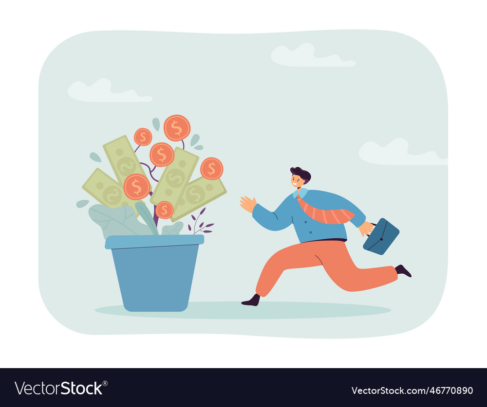 Happy employee running to pot with growing money Vector Image