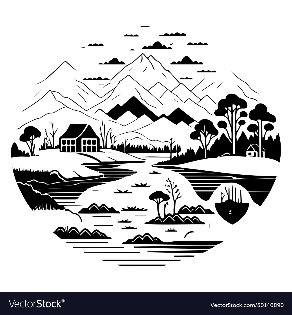 Village river graphic sketch hand draw Royalty Free Vector